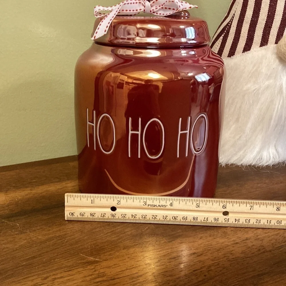 NEW RAE DUNN RED IRIDESCENT HO HO HO LARGE CHUBBY CHRISTMAS CANISTER